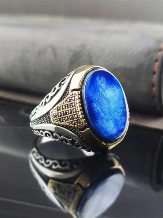 Mikro Taşlı Mavi Kehribar Gümüş Erkek Yüzük GYZGMSBGUMU