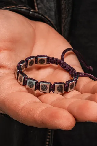 Erkek Kadın Doğal Taş Bileklik - Hematit Doğal Taşlı Makrome Gemi Dümeni Model Mor İp Bileklik