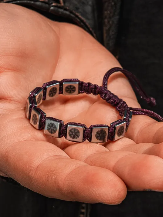 Erkek Kadın Doğal Taş Bileklik - Hematit Doğal Taşlı Makrome Gemi Dümeni Model Mor İp Bileklik