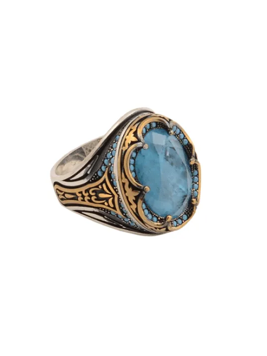 Mavi Paraiba Taşlı Kenarları Zirkon İşlemeli Erkek 925 Ayar Gümüş Yüzük GYZPARBIAYZ-MAV