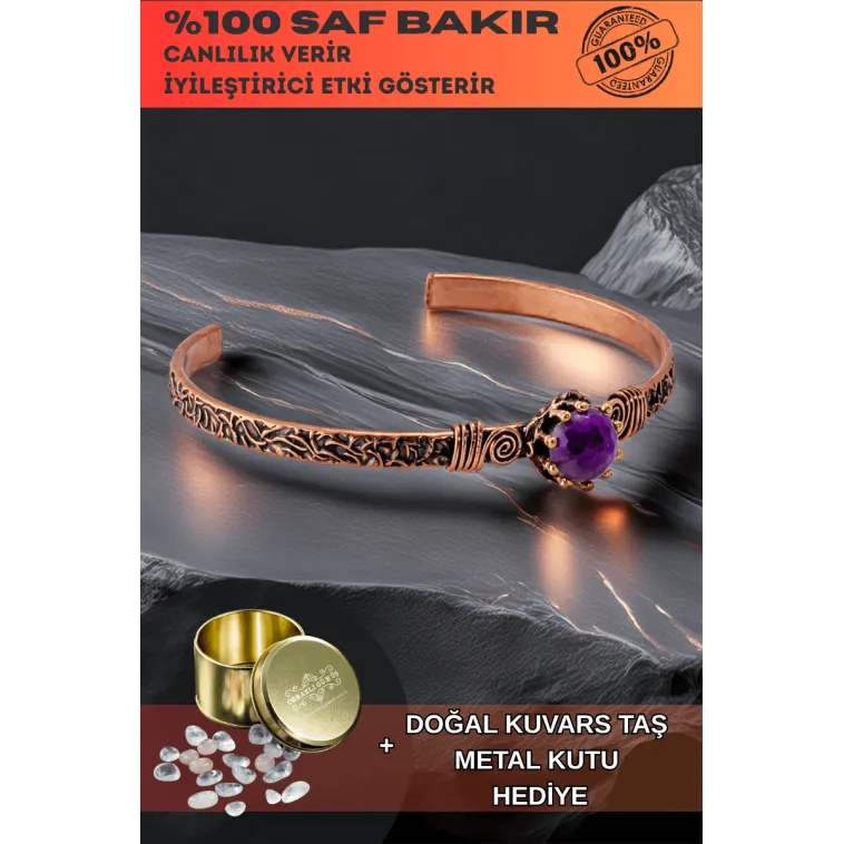 Kadın Bakır Bileklik - Ametist Taşlı Ağaç Kabuğu Model İnce Metal Kutu Kuvars Taşlı Bilezik Kadın Bakır Bileklik - Ametist Taşlı Ağaç Kabuğu Model İnce Metal Kutu Kuvars Taşlı Bilezik