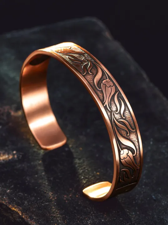 Erkek Kadın Bakır Bileklik - İçi Zırh Ve Koruma Dualı Üstü Lale İşlemeli Bakır Bilezik Bileklik