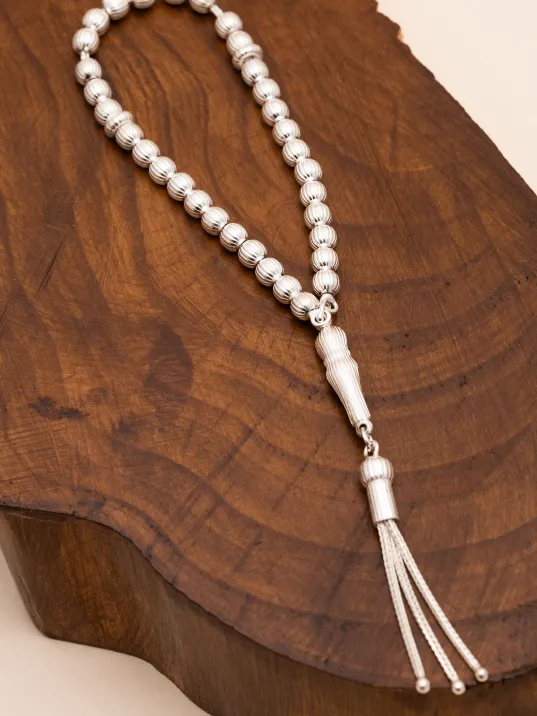 Gümüş Tespih - Çizgili Küre Kesim Minik Maskot Boy 12,5 gr