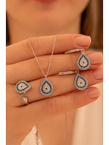 Kadın Gümüş Set - Damla Model Nazar Boncuğu Motifli Kadın Set