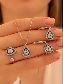 Kadın Gümüş Set - Damla Model Nazar Boncuğu Motifli Kadın Set