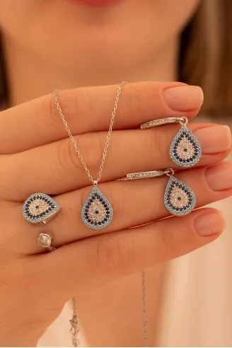 Kadın Gümüş Set - Damla Model Nazar Boncuğu Motifli Kadın Set