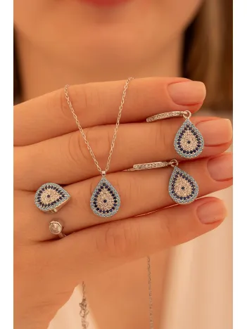 Kadın Gümüş Set - Damla Model Nazar Boncuğu Motifli Kadın Set