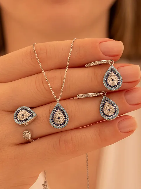 Kadın Gümüş Set - Damla Model Nazar Boncuğu Motifli Kadın Set