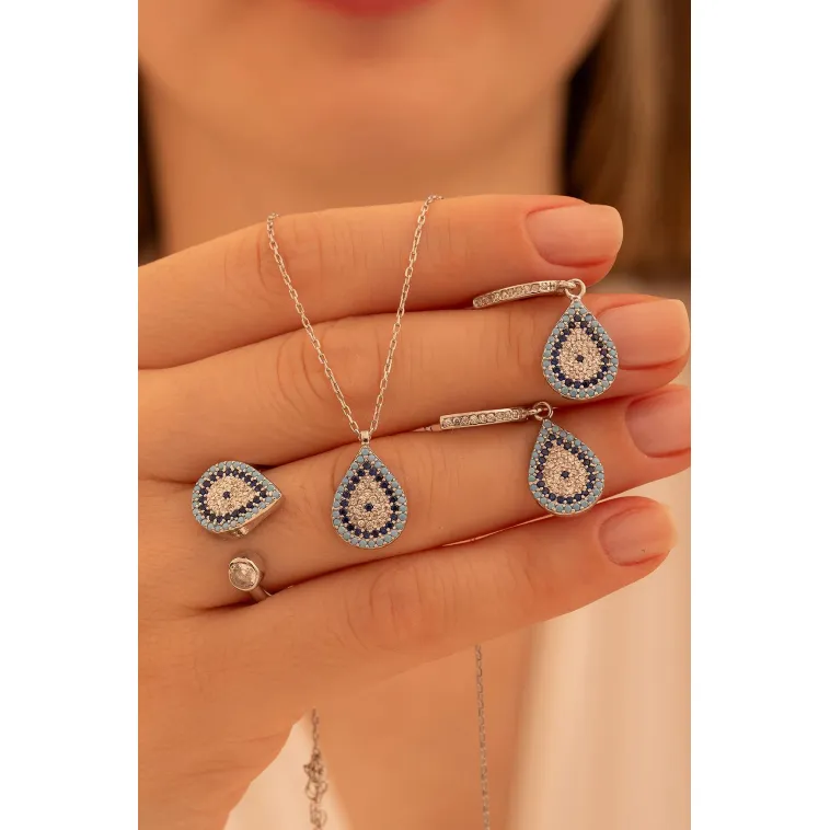 Kadın Gümüş Set - Damla Model Nazar Boncuğu Motifli Kadın Set Kadın Gümüş Set - Damla Model Nazar Boncuğu Motifli Kadın Set