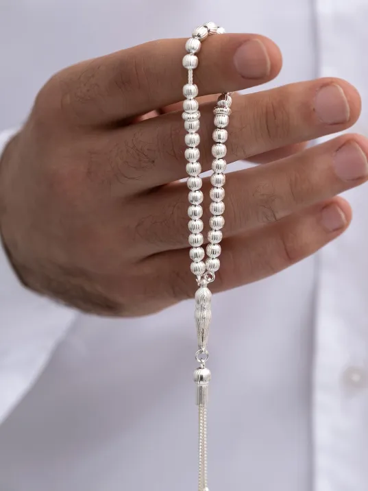 Gümüş Tespih - Çizgili Küre Kesim Minik Maskot Boy 12,5 gr