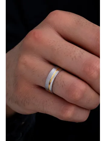 Erkek Gümüş Yüzük - 925 Ayar Sarı Ve Beyaz Model Gümüş Alyans Yüzük