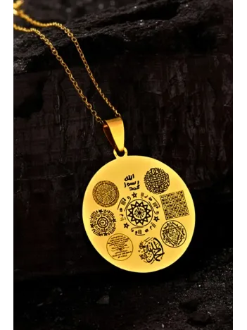 12 Dualı Altın Kaplama Çift Taraflı Koruyucu Zırh Kolyesi Celcelütiye , Nazar Duası , Rufai Gülü