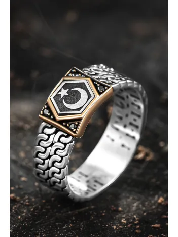 Erkek Gümüş Yüzük -Zirkon Taşlı Ay Yıldız İşlemeli Sarmal Model Erkek Yüzük