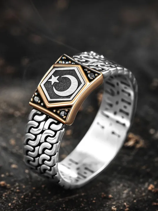 Erkek Gümüş Yüzük -Zirkon Taşlı Ay Yıldız İşlemeli Sarmal Model Erkek Yüzük