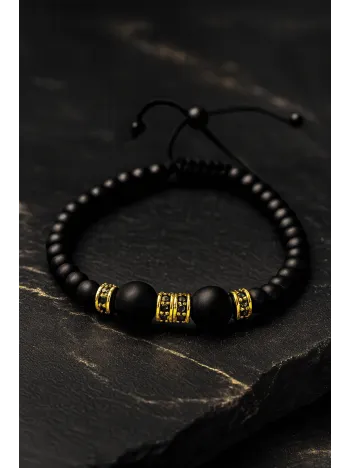 Altın Detaylı Siyah Mat Taşlı Erkek Bileklik – Ayarlanabilir Şık Model