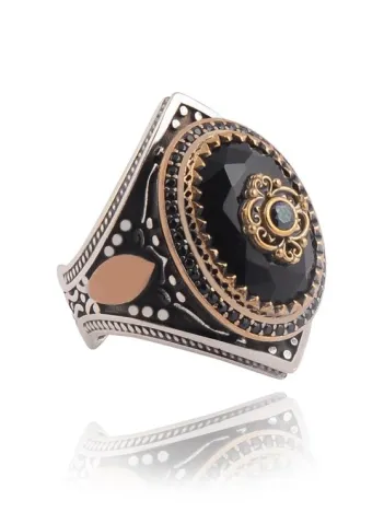 Anadolu Desenli Siyah Oniks Taşlı Yanı Buğday İşlemeli Erkek Gümüş Yüzük Anadolu Desenli Siyah Oniks Taşlı Yanı Buğday İşlemeli Erkek Gümüş Yüzük