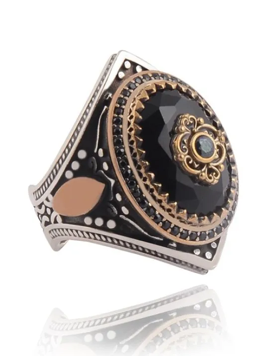 Anadolu Desenli Siyah Oniks Taşlı Yanı Buğday İşlemeli Erkek Gümüş Yüzük