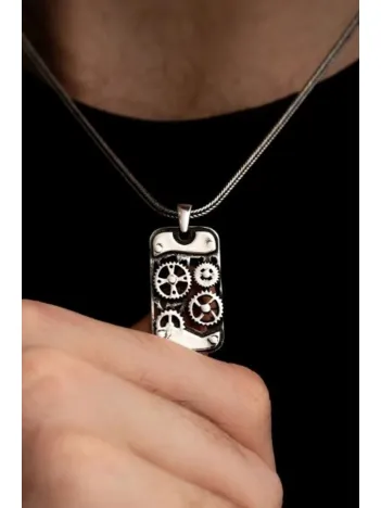 Erkek Gümüş Kolye - Parlak Model Makina Mühendislerine Dişli Çarklı Mekanizma Gümüş Kolye