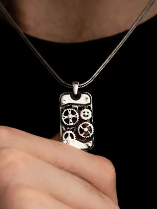 Erkek Gümüş Kolye - Parlak Model Makina Mühendislerine Dişli Çarklı Mekanizma Gümüş Kolye