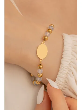 Kadın Çelik Bileklik - Kristal Kuvars Taşı Çelik Lak Kaplamalı İsim Veya Harf Yazılabilir Kadın Bileklik