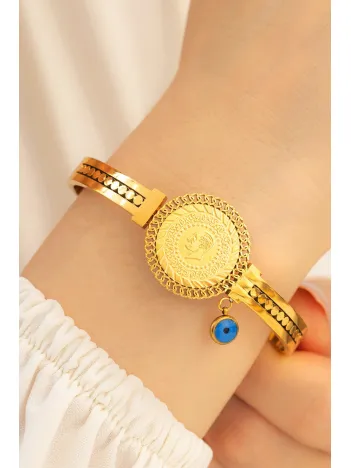 Kadın Çelik Bileklik - Altın Kaplama Çeyrekli Ve Nazar Boncuklu Model Çelik Bileklik