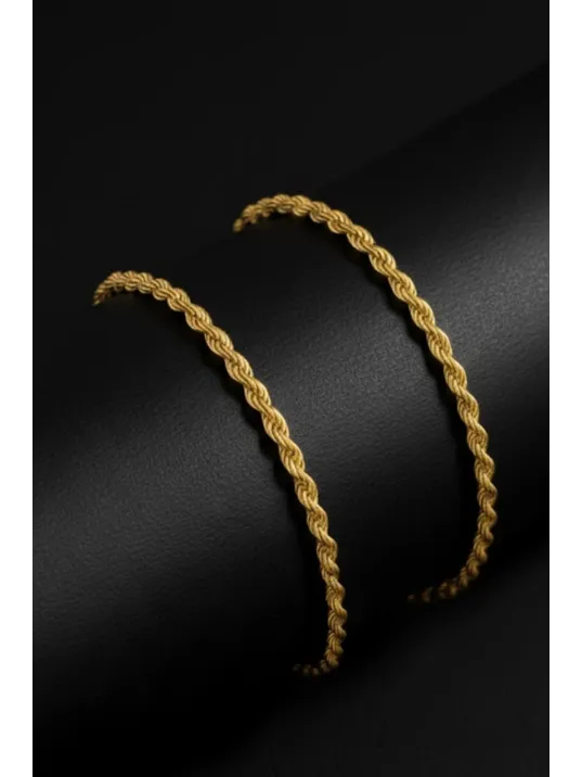 Kadın Gümüş Bileklik Kolye Set - 22 Ayar Altın 2.5mm Kaplama Burma Halat Gümüş Zincir Set Kadın Gümüş Bileklik Kolye Set - 22 Ayar Altın 2.5mm Kaplama Burma Halat Gümüş Zincir Set