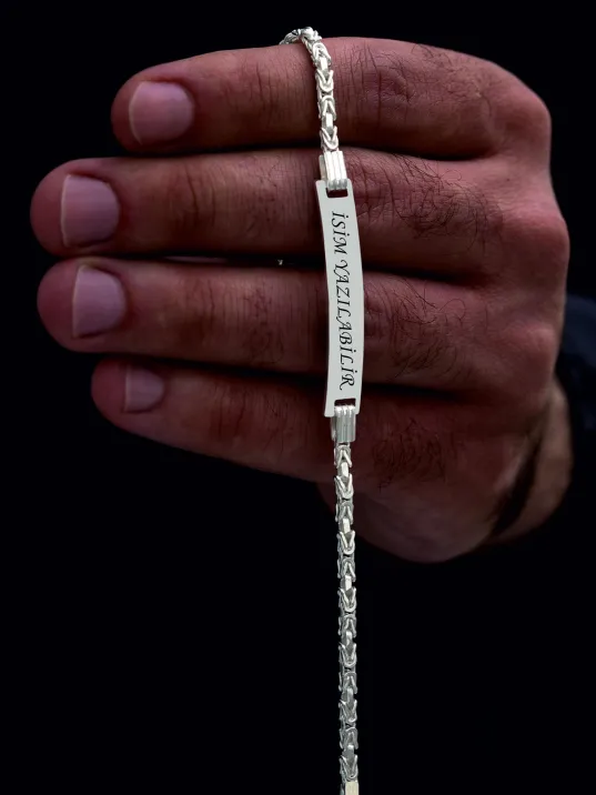Erkek Gümüş Bileklik - İsim Yazılabilir 3.5 mm İnce Beyaz Kare Kral Gümüş Bileklik