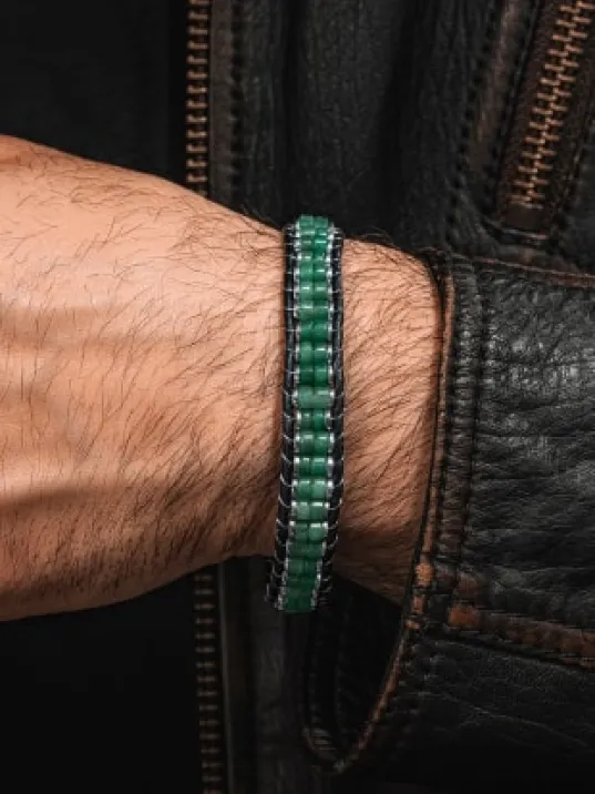Erkek Kadın Yeşil Hematit Taşlı Deri Kordon Doğal Taş Bileklik
