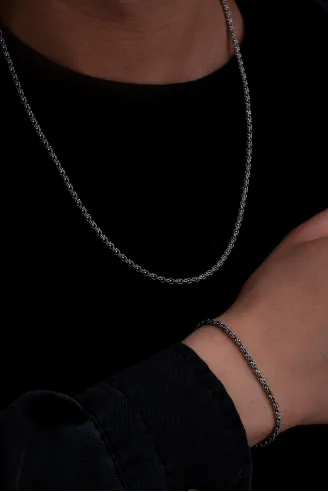 Erkek Gümüş Kolye Bileklik Set - 3mm Arnavut Zinciri Gümüş Kolye Bileklik Set