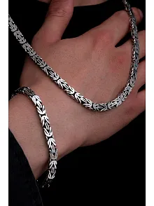 Erkek Gümüş Kolye Bileklik Set - 6.5mm Dikdörtgen Kesim Yassı Kral Gümüş Kolye Bileklik Set