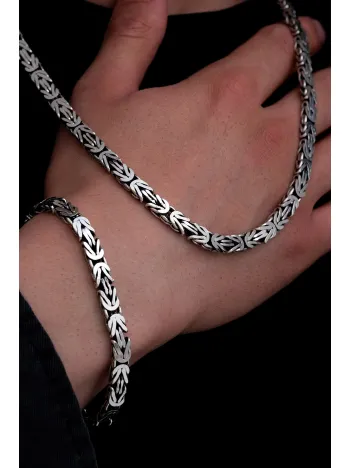 Erkek Gümüş Kolye Bileklik Set - 6.5mm Dikdörtgen Kesim Yassı Kral Gümüş Kolye Bileklik Set