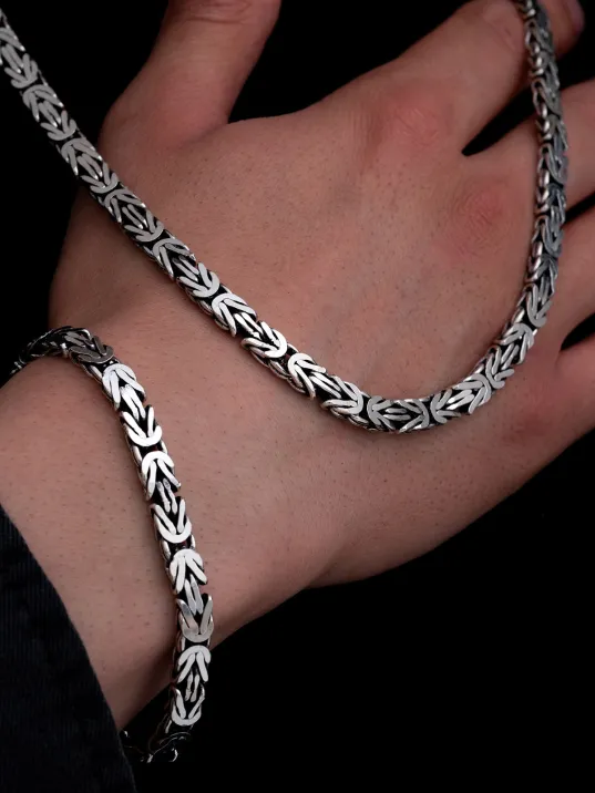 Erkek Gümüş Kolye Bileklik Set - 6.5mm Dikdörtgen Kesim Yassı Kral Gümüş Kolye Bileklik Set