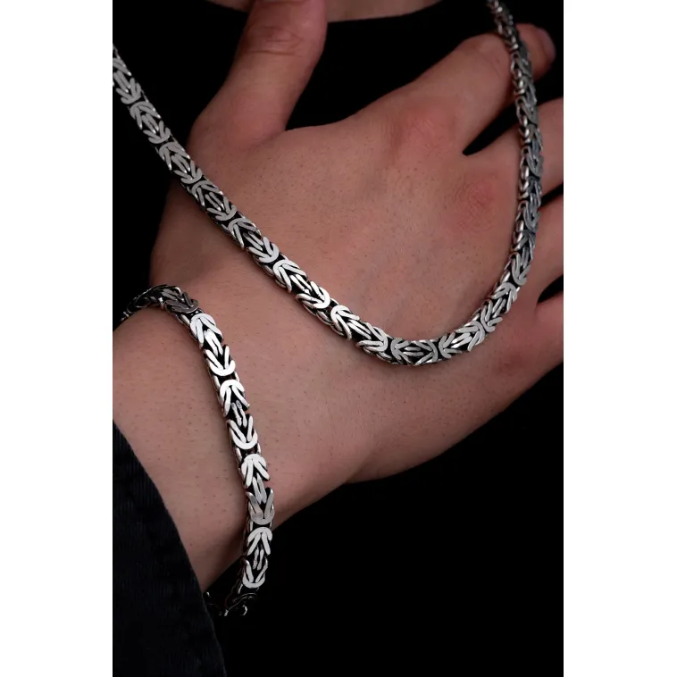 Erkek Gümüş Kolye Bileklik Set - 6.5mm Dikdörtgen Kesim Yassı Kral Gümüş Kolye Bileklik Set Erkek Gümüş Kolye Bileklik Set - 6.5mm Dikdörtgen Kesim Yassı Kral Gümüş Kolye Bileklik Set