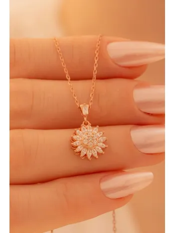 Kadın Gümüş Kolye - Sevgililer Günü - Hediye - Zirkon Taşlı Rose Kaplama Çiçek Motifli Kadın Kolye