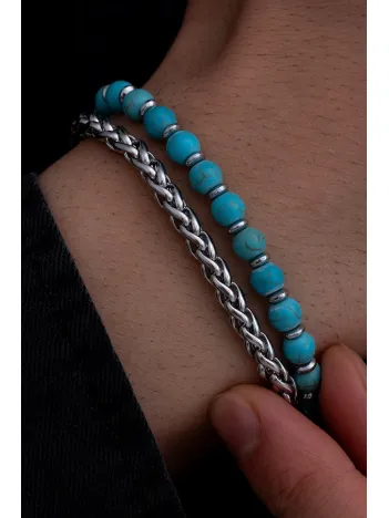 Erkek Çelik Bileklik - Turkuaz Boncuk Kral Zincir Çelik Bileklik