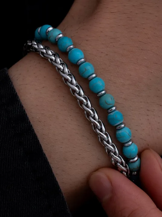 Erkek Çelik Bileklik - Turkuaz Boncuk Kral Zincir Çelik Bileklik