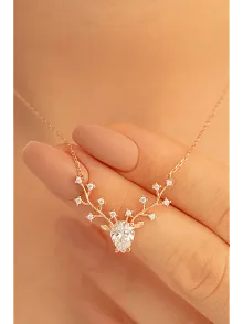 Kadın Gümüş Kolye - Zirkon Taşlı Geyik Kafası Motifli Rose Altın Kaplama Gümüş Kolye