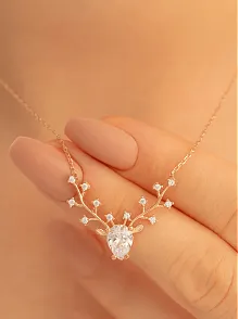 Kadın Gümüş Kolye - Zirkon Taşlı Geyik Kafası Motifli Rose Altın Kaplama Gümüş Kolye