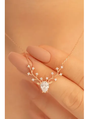 Kadın Gümüş Kolye - Zirkon Taşlı Geyik Kafası Motifli Rose Altın Kaplama Gümüş Kolye