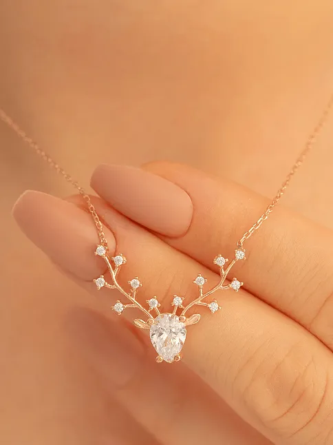 Kadın Gümüş Kolye - Zirkon Taşlı Geyik Kafası Motifli Rose Altın Kaplama Gümüş Kolye