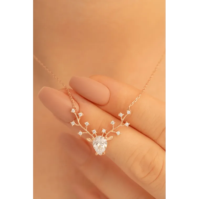 Kadın Gümüş Kolye - Zirkon Taşlı Geyik Kafası Motifli Rose Altın Kaplama Gümüş Kolye Kadın Gümüş Kolye - Zirkon Taşlı Geyik Kafası Motifli Rose Altın Kaplama Gümüş Kolye