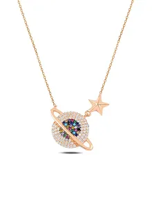 Mix Taşlı Rose Yıldızlı Satürn Model 2 Gümüş Kadın Kolye GKLSTRNMDL2-ROS