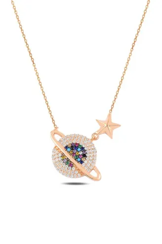 Mix Taşlı Rose Yıldızlı Satürn Model 2 Gümüş Kadın Kolye GKLSTRNMDL2-ROS