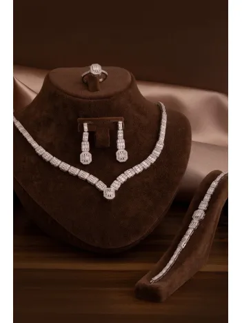 Kadın Gümüş Takı Seti - Berlin Baget Taşlı Model Kolye, Bileklik, Yüzük, Küpe Tam Set