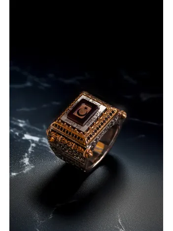 Kehribar Taşlı Türk Bayraklı Erkek Gümüş Yüzük 925 Ayar