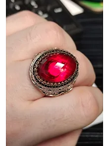 Kırmızı Zirkon Taşlı Ay Yıldız Desenli Yanı Lale Motif Erkek 925 Ayar Gümüş Yüzük GYZENDZIRAY-KRM