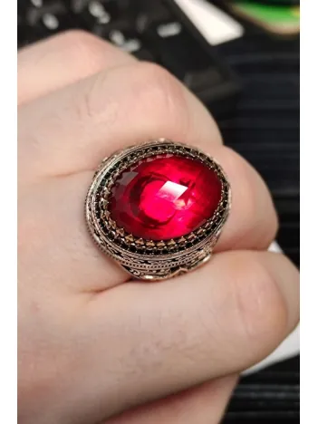 Kırmızı Zirkon Taşlı Ay Yıldız Desenli Yanı Lale Motif Erkek 925 Ayar Gümüş Yüzük GYZENDZIRAY-KRM Kırmızı Zirkon Taşlı Ay Yıldız Desenli Yanı Lale Motif Erkek 925 Ayar Gümüş Yüzük GYZENDZIRAY-KRM