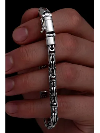 Erkek Gümüş Bileklik - 6 mm Özel Kilit Tasarımlı Yuvarlak Kesim Kral Model Gümüş Bileklik