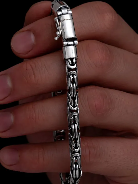 Erkek Gümüş Bileklik - 6 mm Özel Kilit Tasarımlı Yuvarlak Kesim Kral Model Gümüş Bileklik