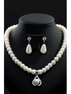 Kadın İnci Kolye Küpe Set - Victoria Model Çiçek Motifli Kadın İnci Set